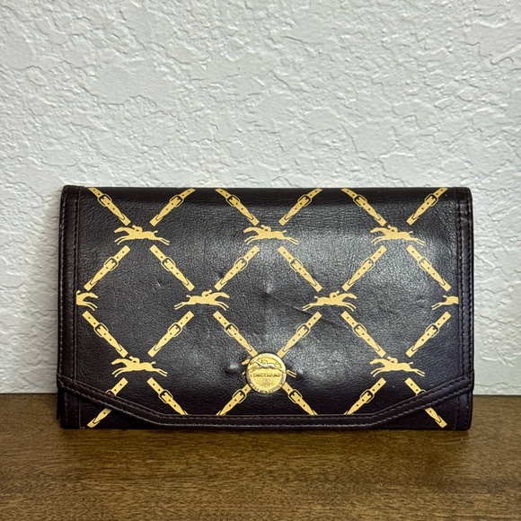 Longchamp Handbags - Vintage Longchamp Brown Logo Print Leather Clutch Bag Wallet